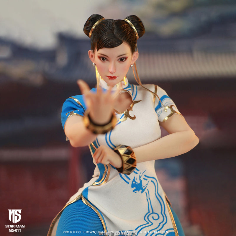 Star Man 1/6 MS-011 Luchadora Chun-Li con estampado de nubes azules Versión cheongsam blanca