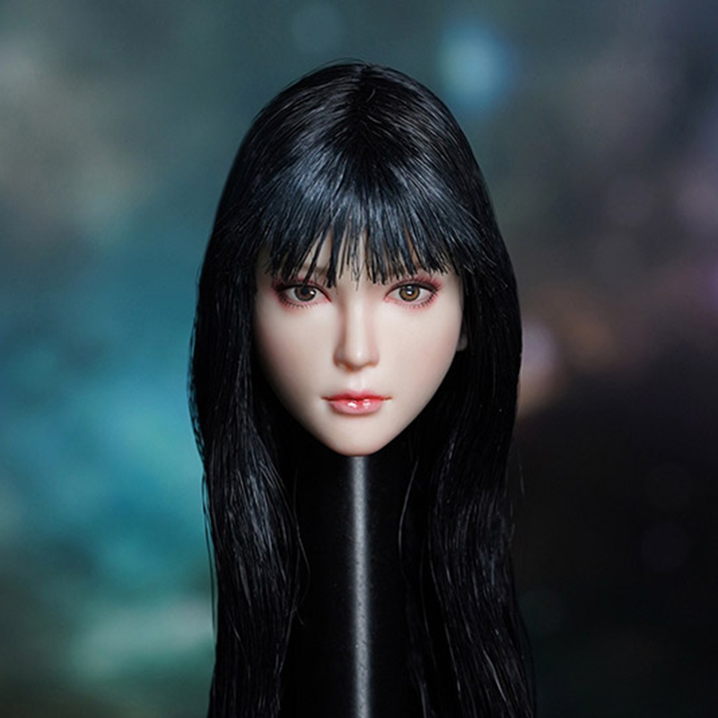Super Duck Asian Female 1/6 Scale Head Sculpt SDH028A (langes schwarzes gewelltes Haar) 
